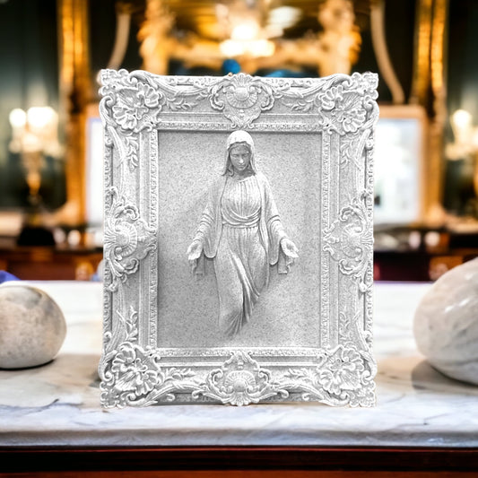 Wall-Mounted Marble Sculpture: Framed Virgin Mary – Classical, Contemporary & Sacred Art 3D Printed